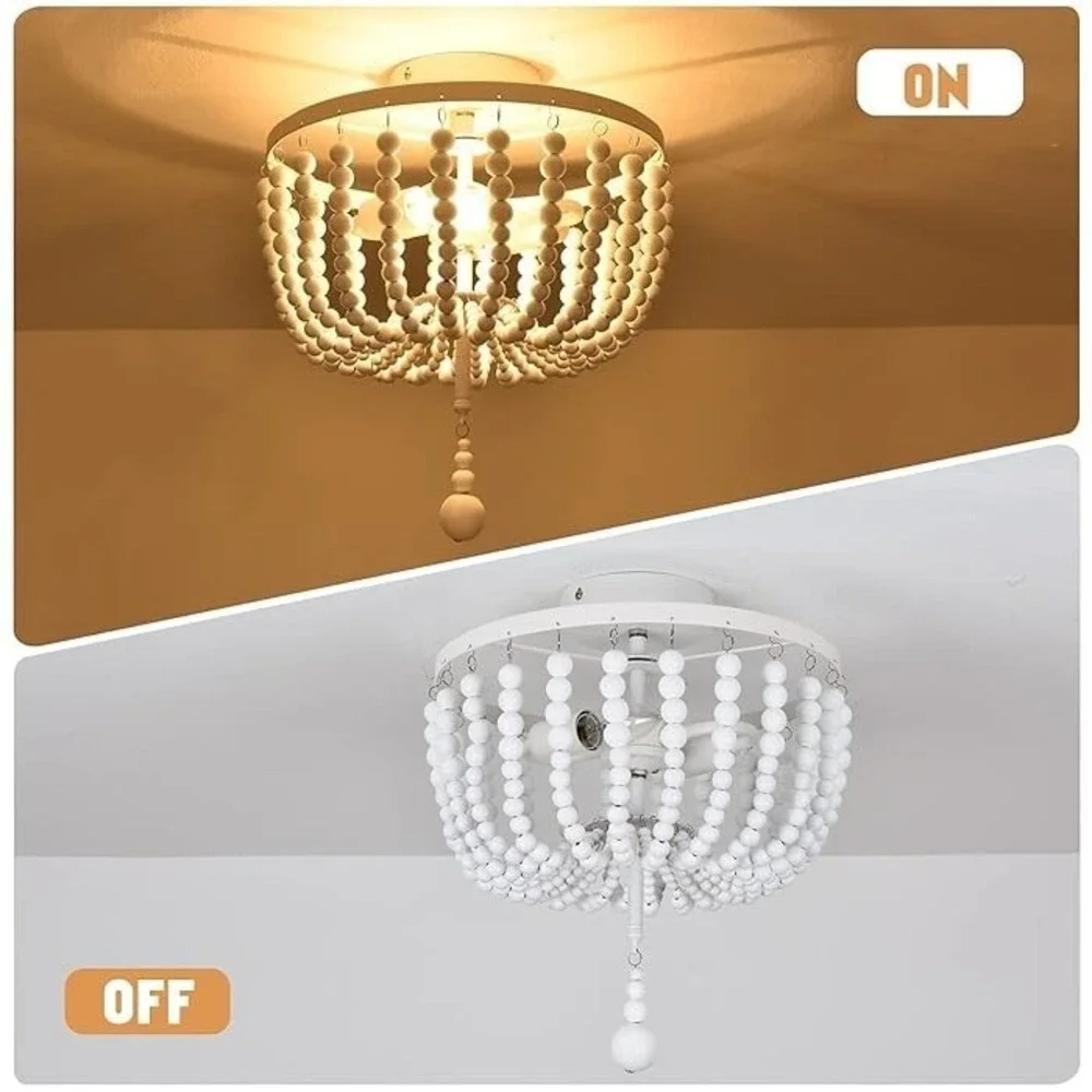 Boho Wood Bead Chandelier White Style Hanging Light Fixture Bohemia 12x13